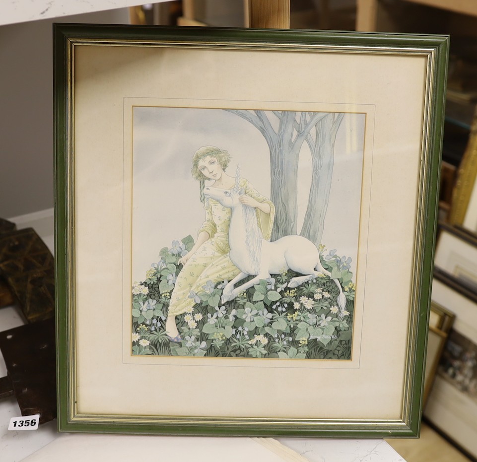 Jenny Press, watercolour, Maiden and a unicorn, signed and dated '88, 26 x 23cm